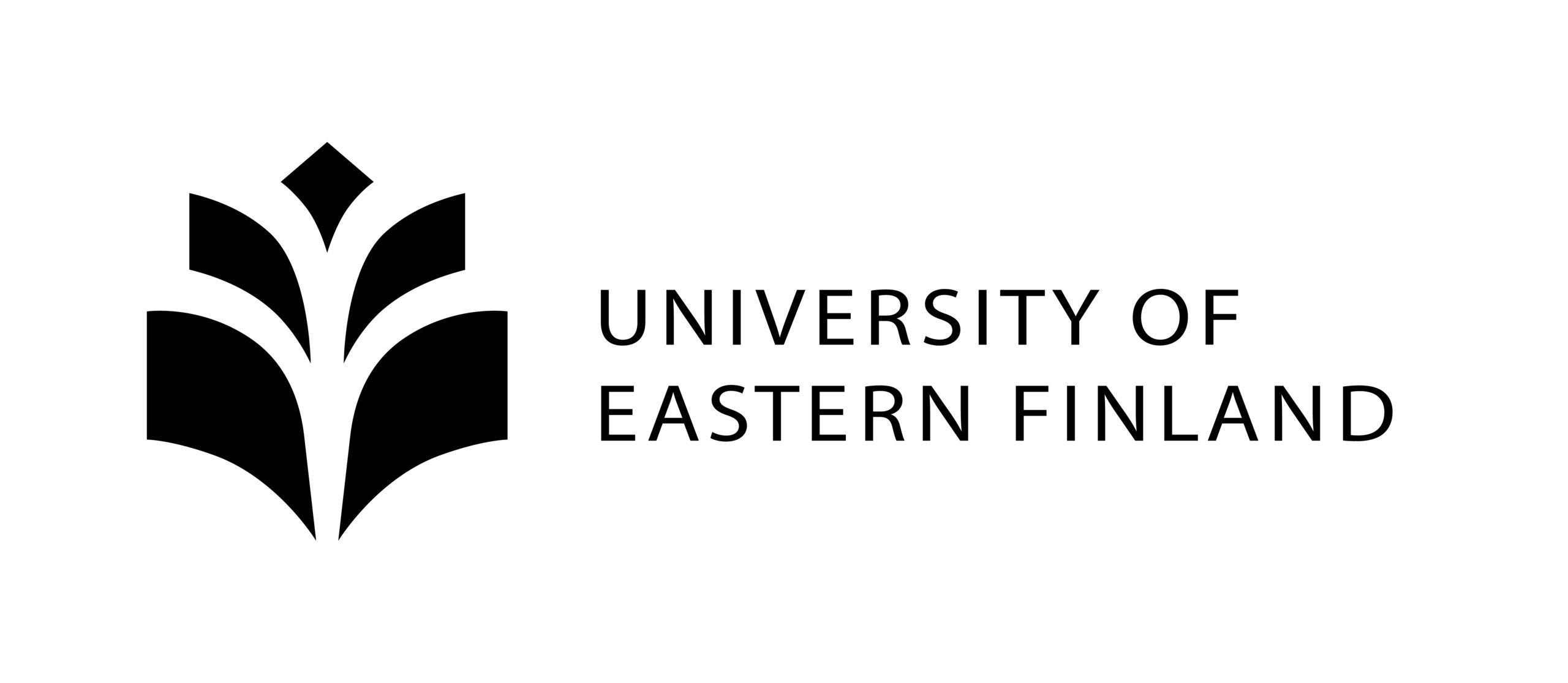 Itä-Suomen yliopiston logossa on musta abstrakti symboli, joka muistuttaa tyyliteltyjä lehtiä tai sivuja, ja sen vieressä teksti UNIVERSITY OF EASTERN FINLAND isoilla kirjaimilla valkoisella taustalla.