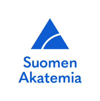 Sininen kolmiomainen logo, jonka sisällä on kaareva viiva, ja sen yläpuolella teksti ”Suomen Akatemia” sinisellä tekstillä valkoisella taustalla.